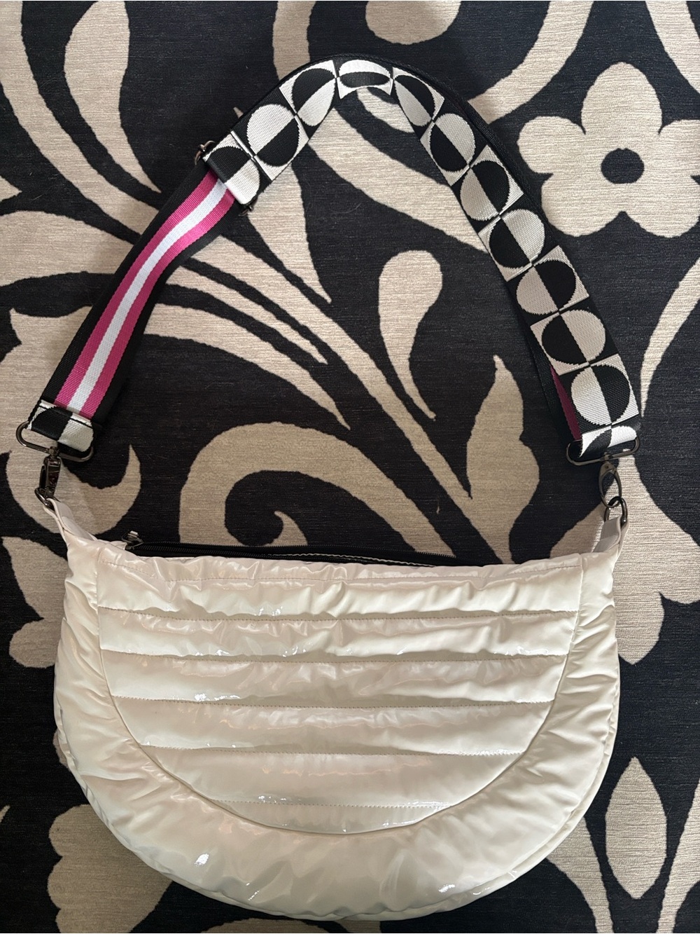 THINK ROYLN Quilted Crescent Shoulder Bag in Cream with Patterned Strap - Picture 2 of 3